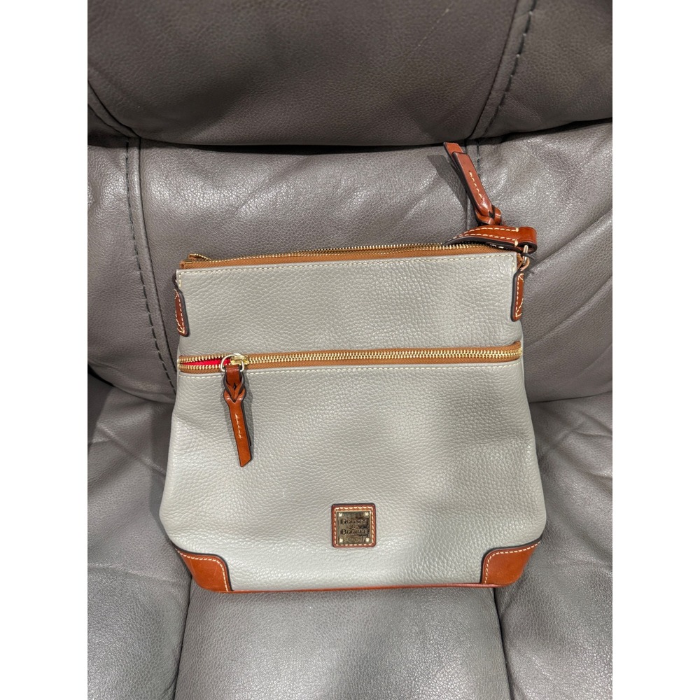 Dooney & Bourke Grey Pebble Grain Leather Triple Zip Crossbody Bag Tan Trim